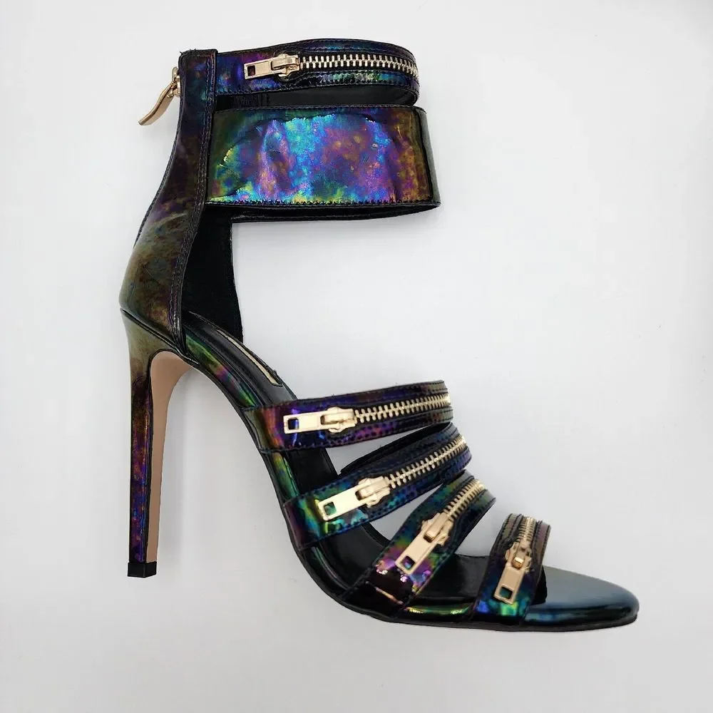 BCBGeneration Casey Strappy Ankle Sandals Open Toe Black Hologram Patent 7.5‎ M
